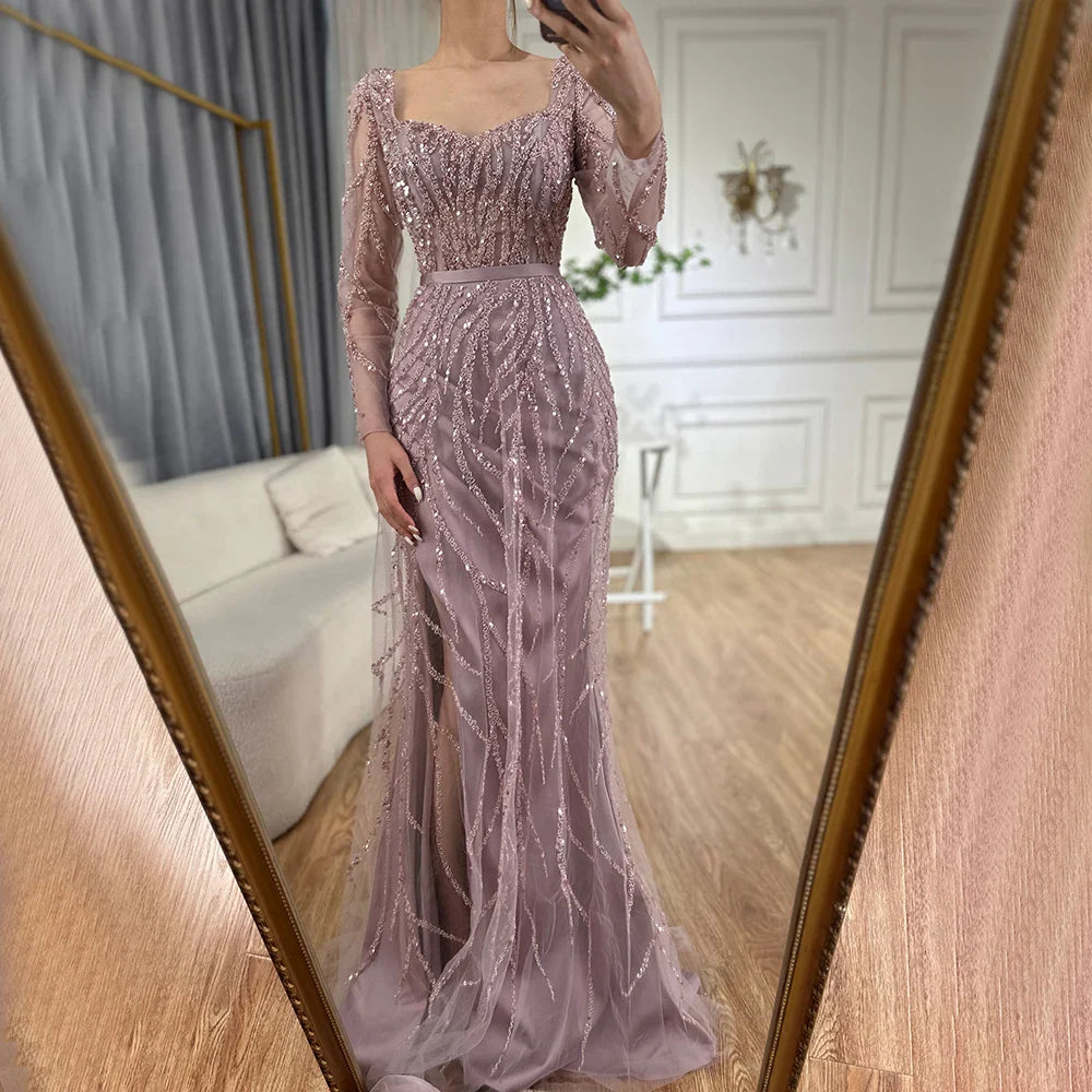 Arabic Pink High Split Beaded Luxury Dubai Long Evening Dresses Gowns For Women Wedding Party LA71917