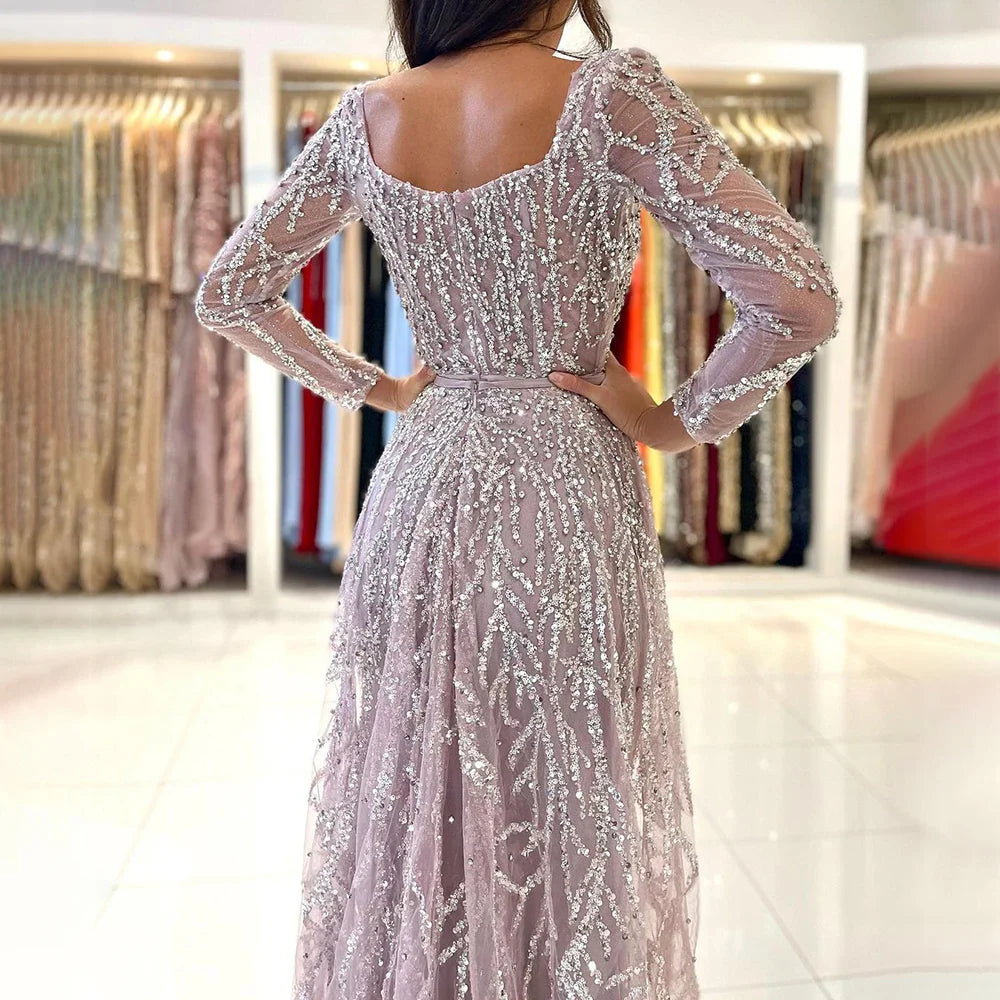 Arabic Pink High Split Beaded Luxury Dubai Long Evening Dresses Gowns For Women Wedding Party LA71917