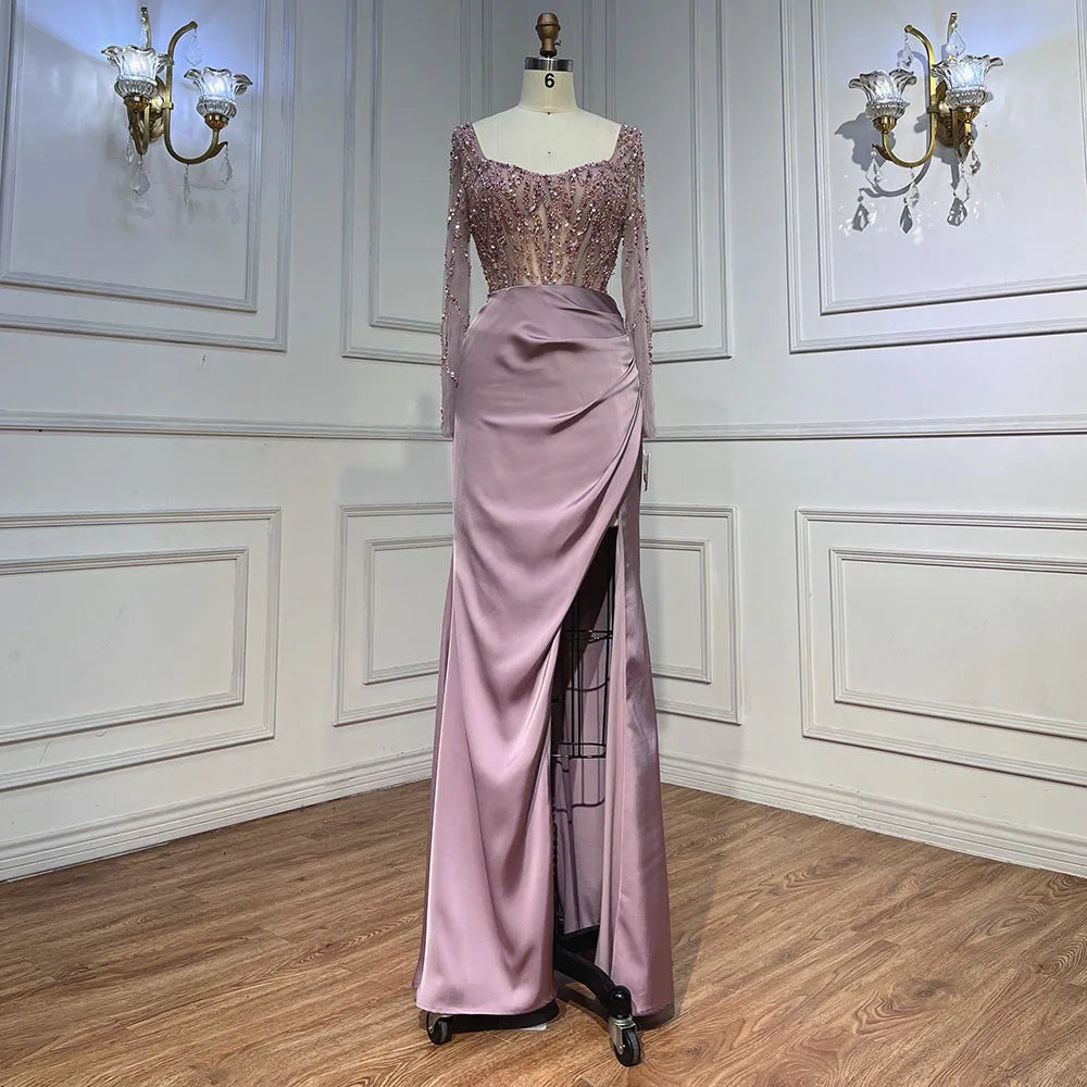 Arabic Pink High Split Beaded Luxury Dubai Long Evening Dresses Gowns For Women Wedding Party LA71917