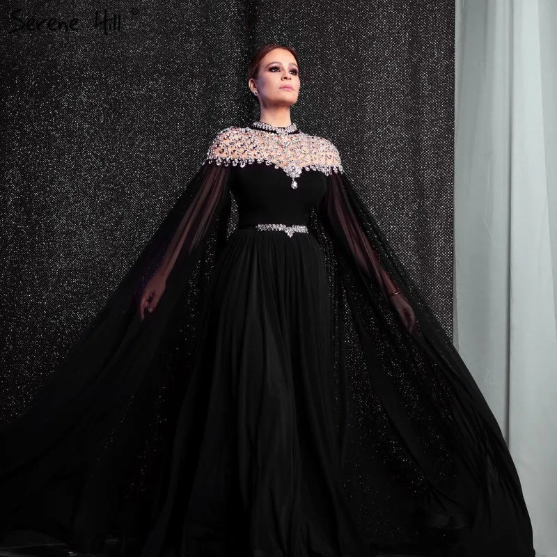 Black Diamond Caple Sleeves Chiffon Evening Dress Dubai Design High Neck Gowns Luxury Dubai LA60718