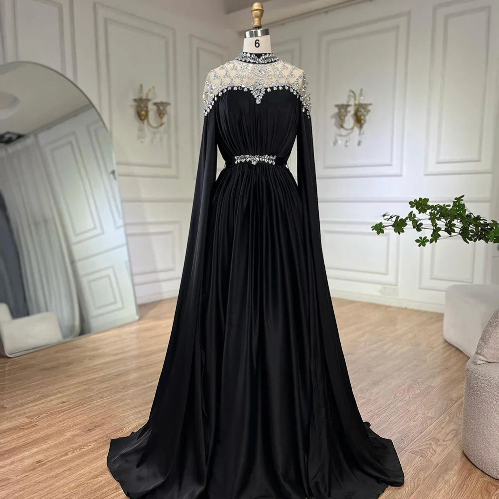Black Diamond Caple Sleeves Chiffon Evening Dress Dubai Design High Neck Gowns Luxury Dubai LA60718