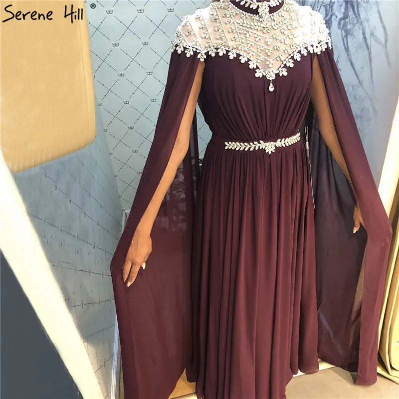 Black Diamond Caple Sleeves Chiffon Evening Dress Dubai Design High Neck Gowns Luxury Dubai LA60718