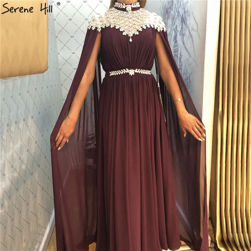 Black Diamond Caple Sleeves Chiffon Evening Dress Dubai Design High Neck Gowns Luxury Dubai LA60718