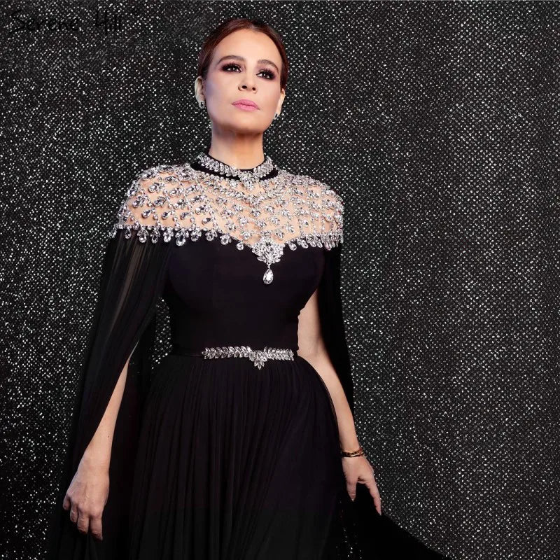 Black Diamond Caple Sleeves Chiffon Evening Dress Dubai Design High Neck Gowns Luxury Dubai LA60718