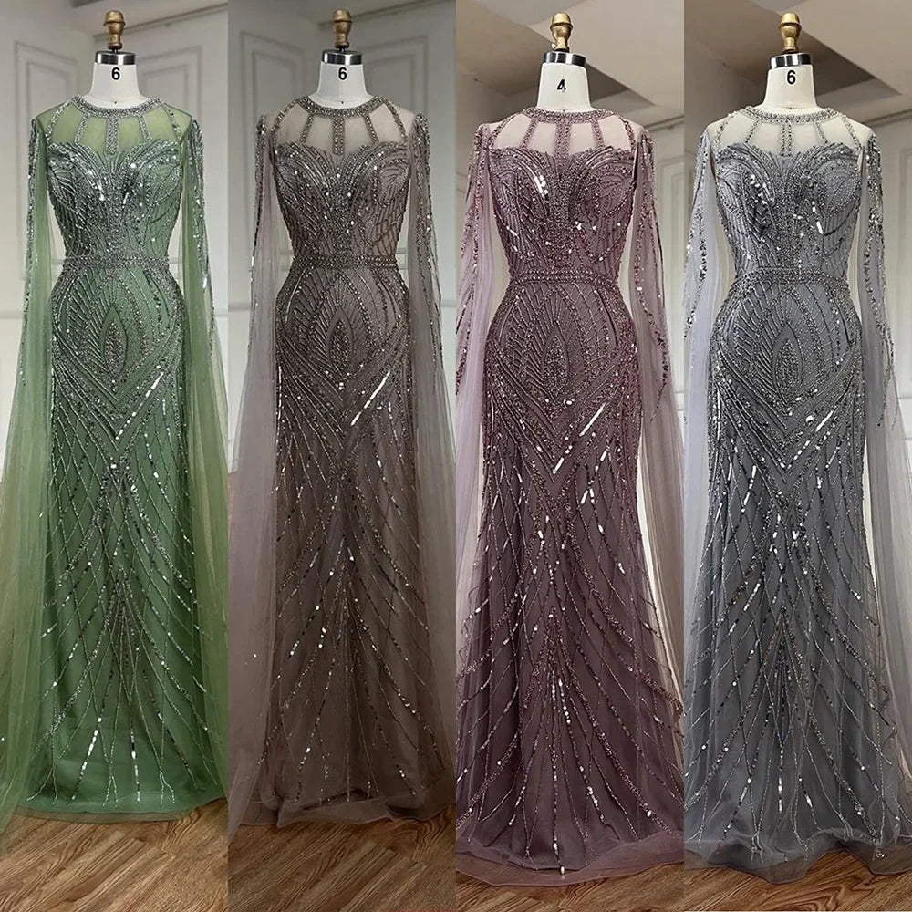 Arabic Gray Mermaid Evening Dress With Beaded Elegant Cape Sleeves Gown For Formal Occasion LA72611