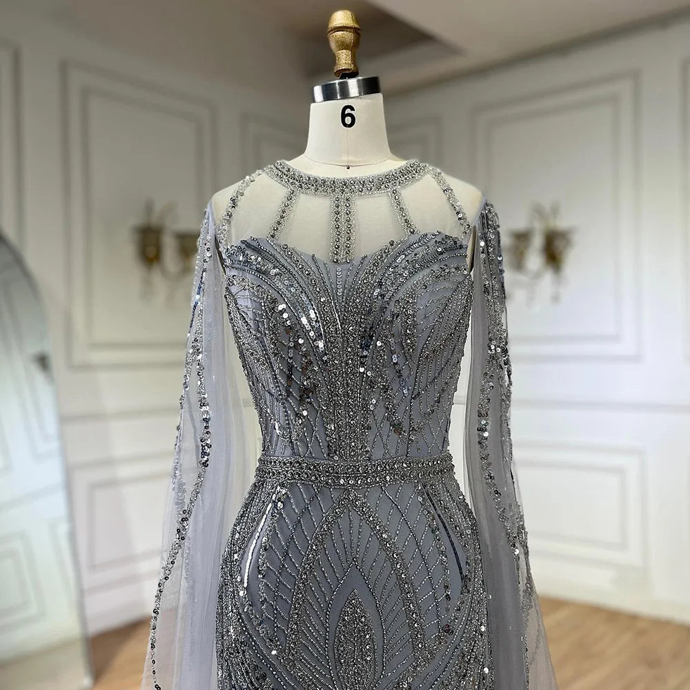 Arabic Gray Mermaid Evening Dress With Beaded Elegant Cape Sleeves Gown For Formal Occasion LA72611