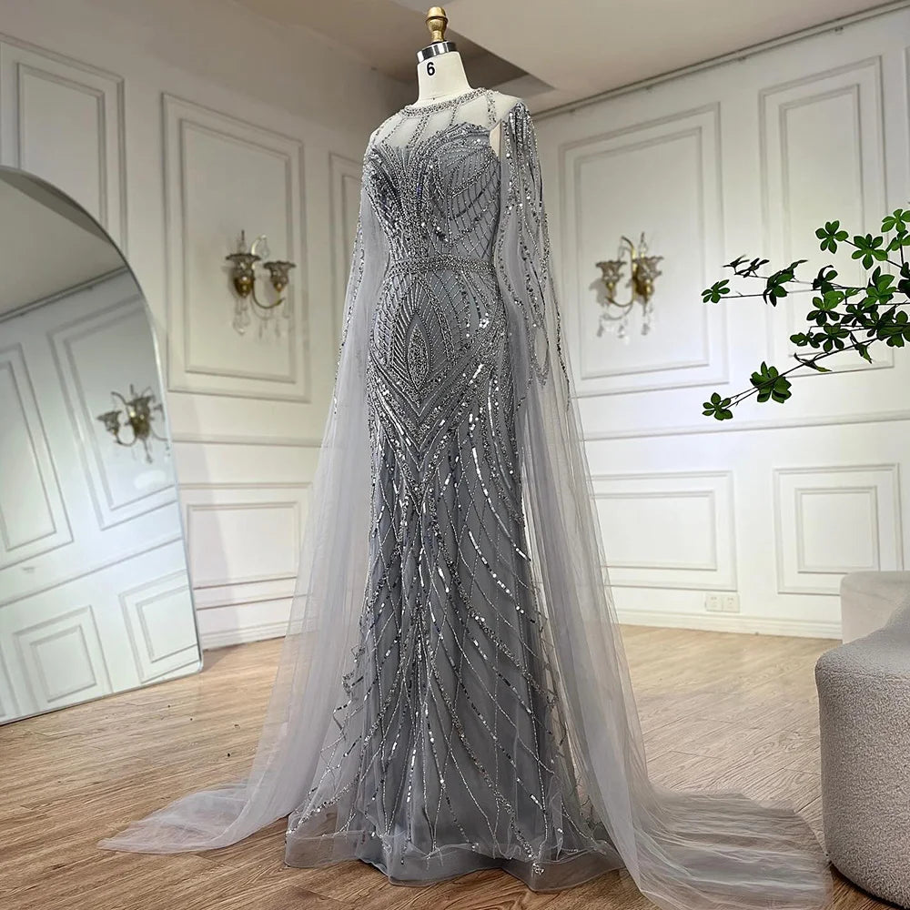 Arabic Gray Mermaid Evening Dress With Beaded Elegant Cape Sleeves Gown For Formal Occasion LA72611