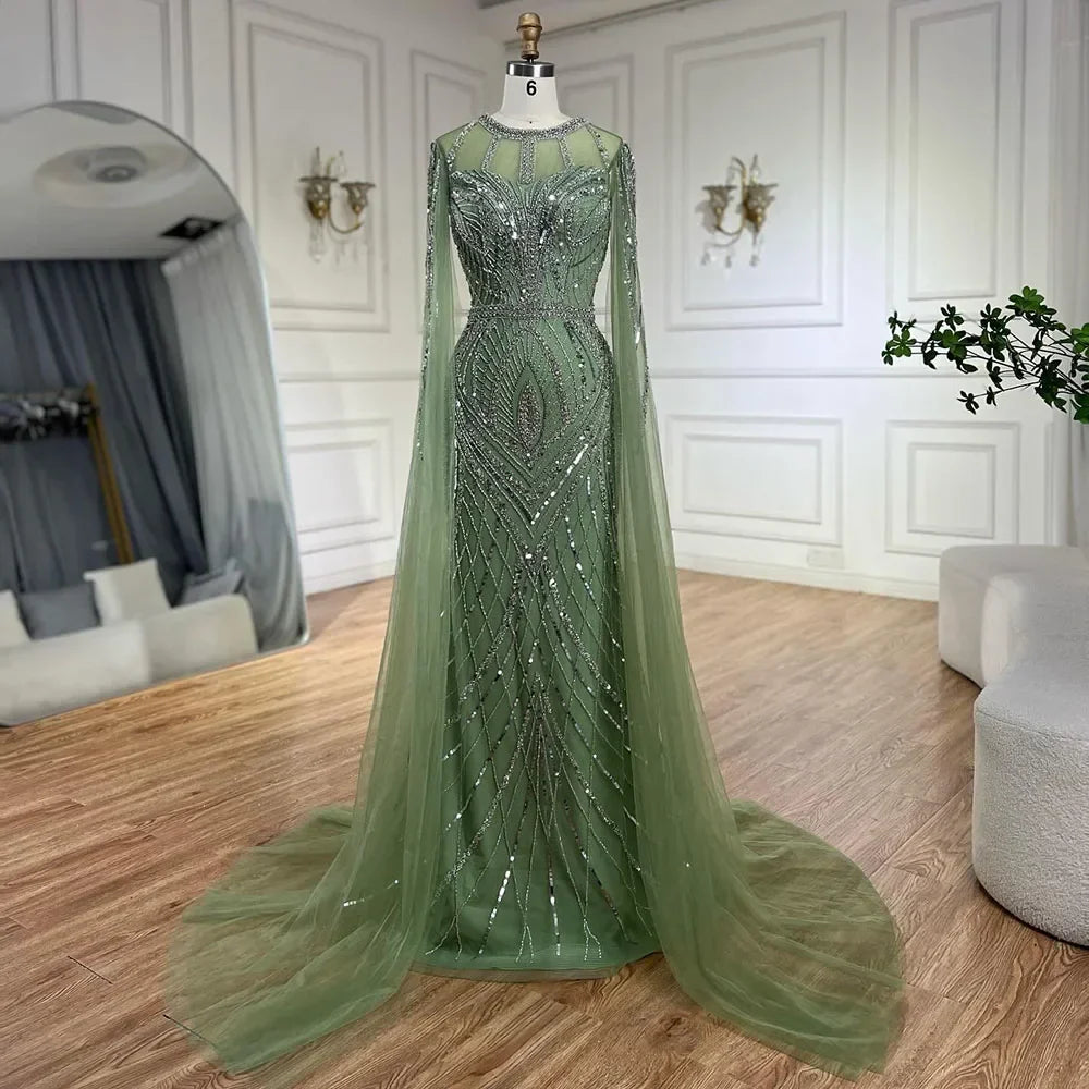 Arabic Gray Mermaid Evening Dress With Beaded Elegant Cape Sleeves Gown For Formal Occasion LA72611