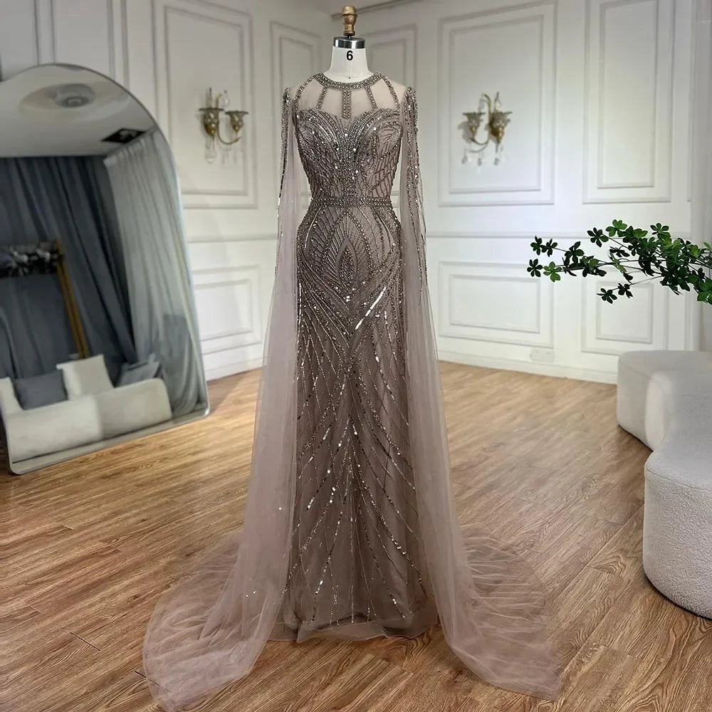 Arabic Gray Mermaid Evening Dress With Beaded Elegant Cape Sleeves Gown For Formal Occasion LA72611