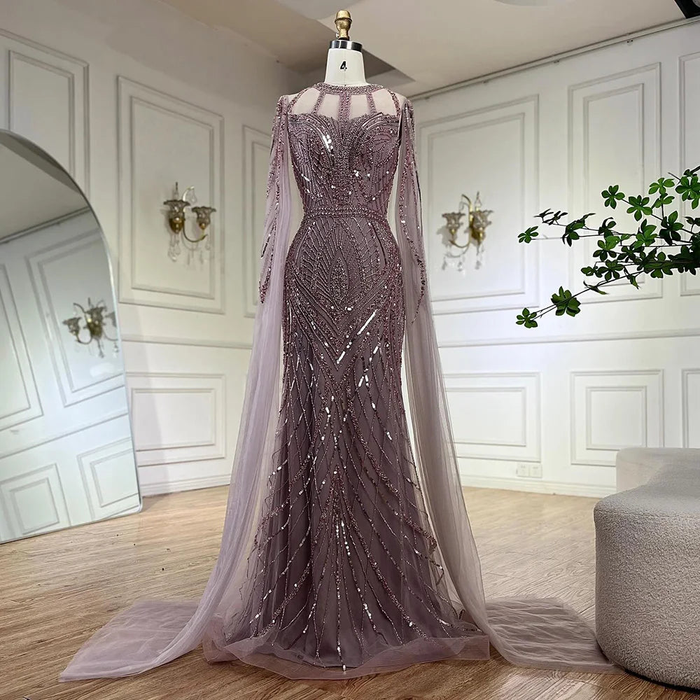 Arabic Gray Mermaid Evening Dress With Beaded Elegant Cape Sleeves Gown For Formal Occasion LA72611