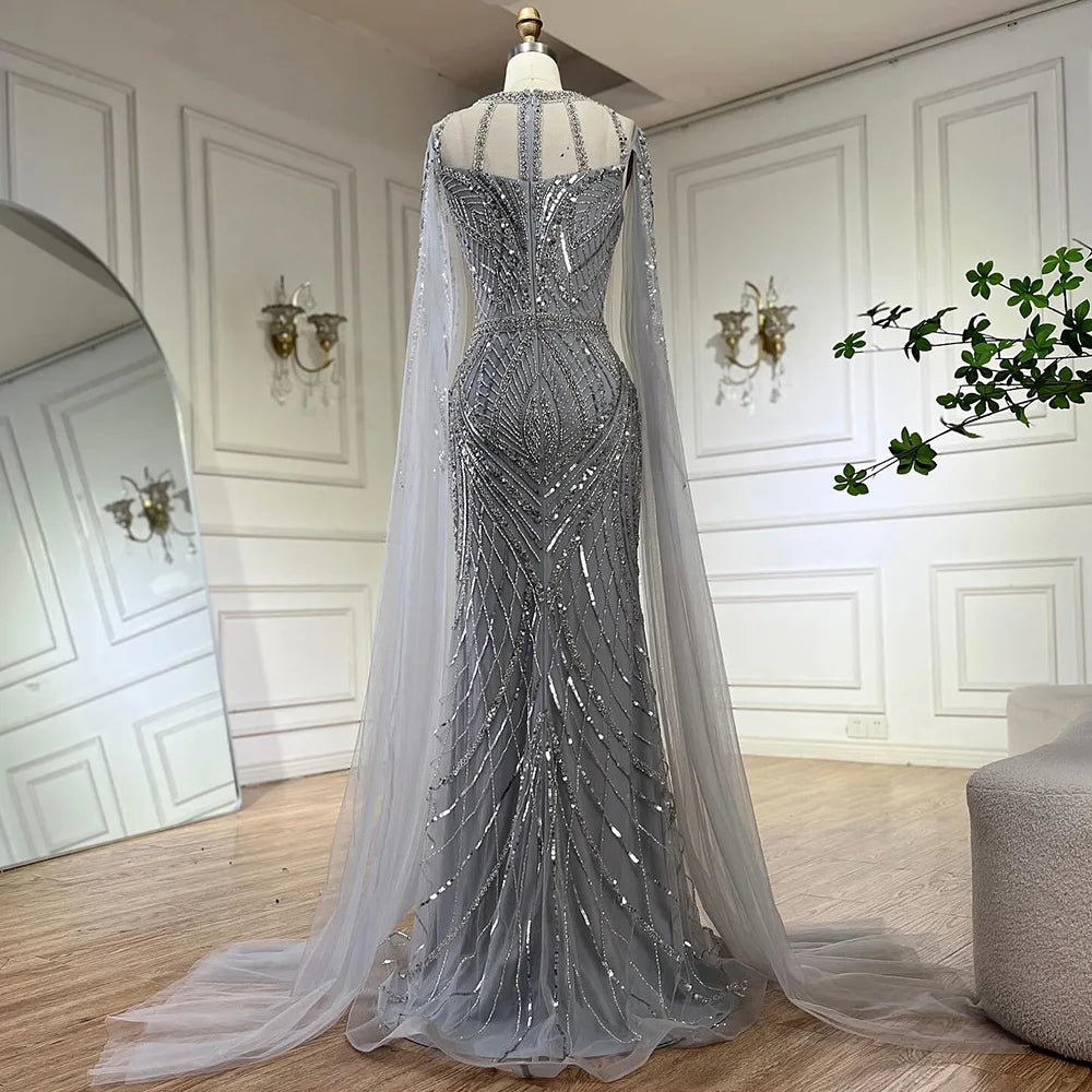 Arabic Gray Mermaid Evening Dress With Beaded Elegant Cape Sleeves Gown For Formal Occasion LA72611