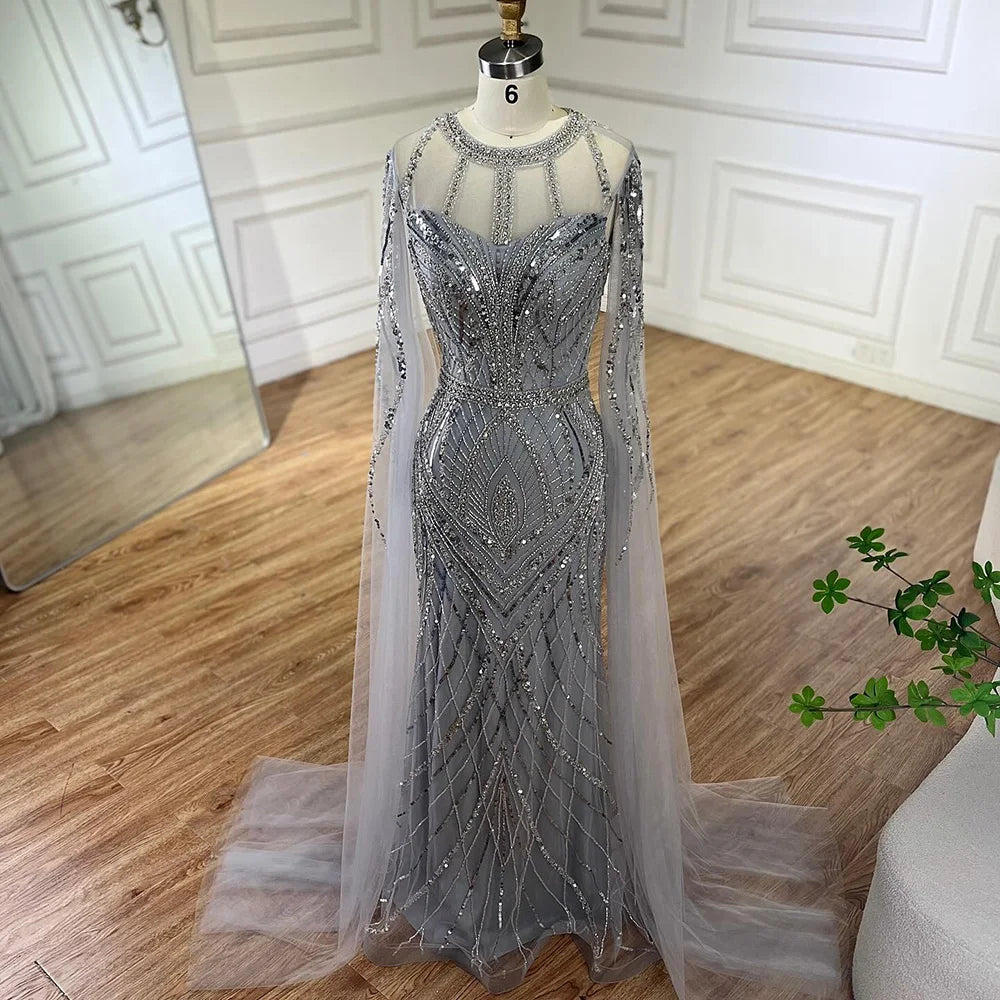 Arabic Gray Mermaid Evening Dress With Beaded Elegant Cape Sleeves Gown For Formal Occasion LA72611