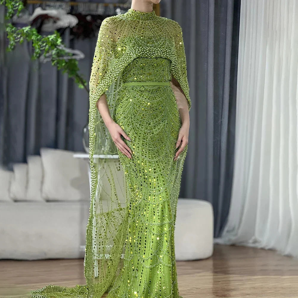 Designer Nude Mermaid Long Cape Luxury Evening Dress LA72032