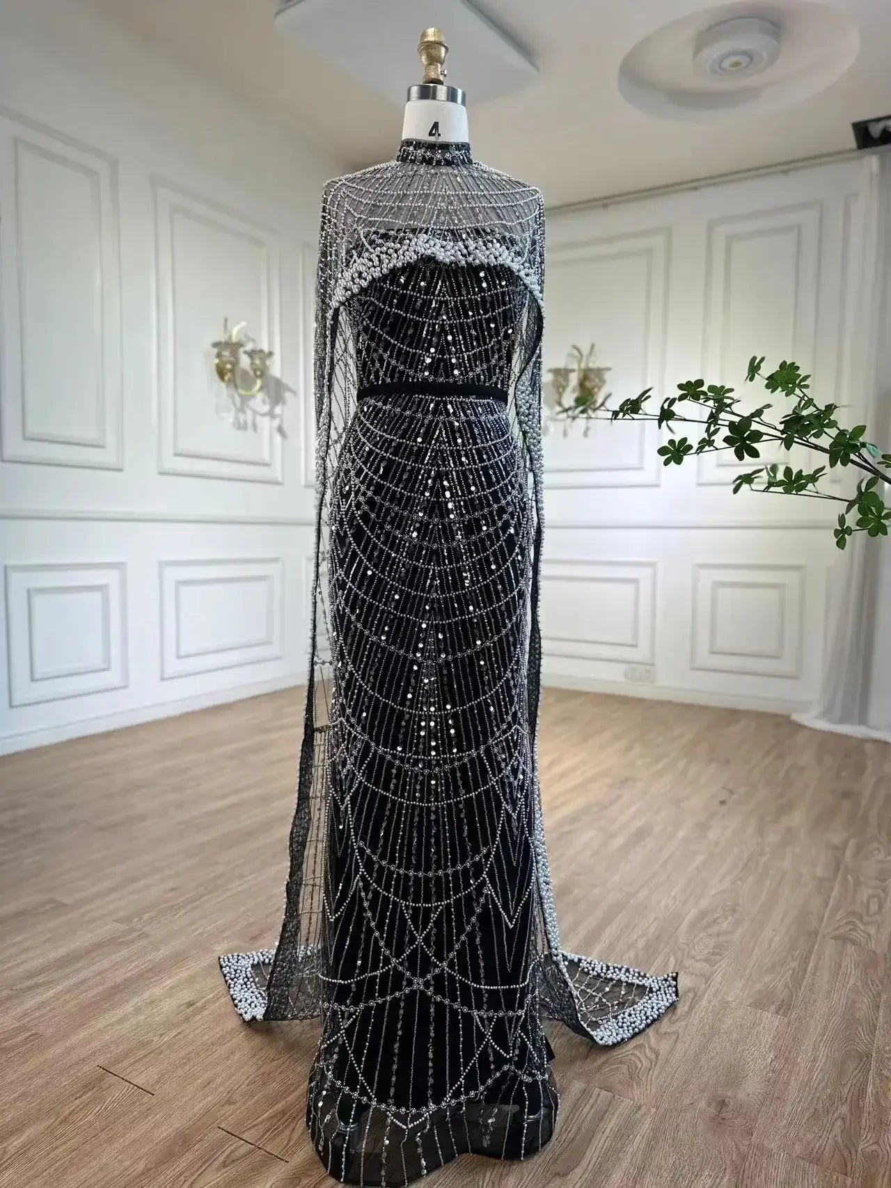Designer Nude Mermaid Long Cape Luxury Evening Dress LA72032