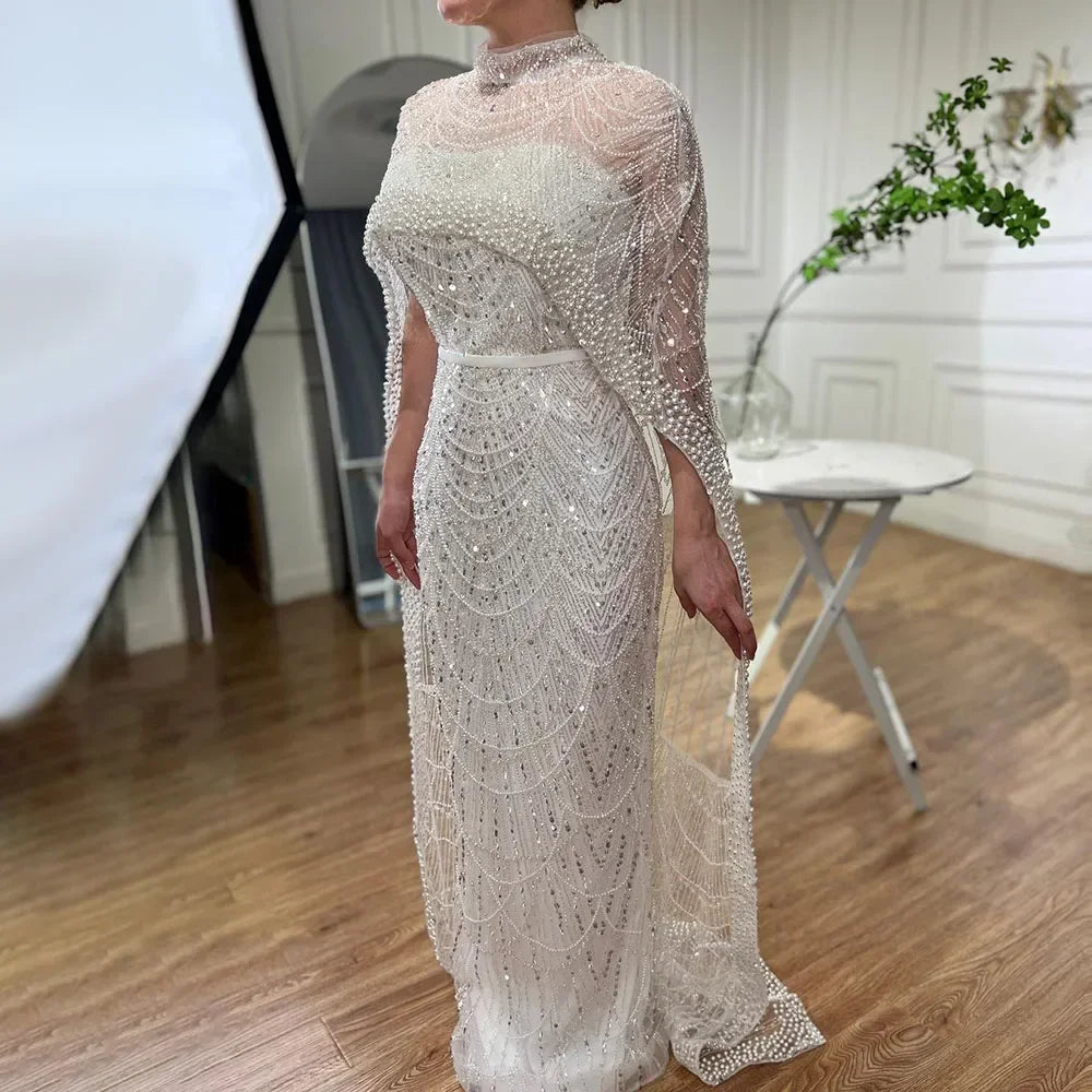Designer Nude Mermaid Long Cape Luxury Evening Dress LA72032