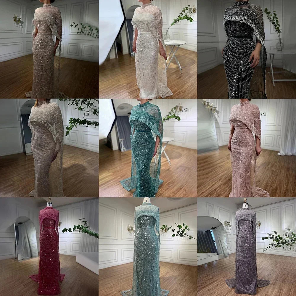 Designer Nude Mermaid Long Cape Luxury Evening Dress LA72032