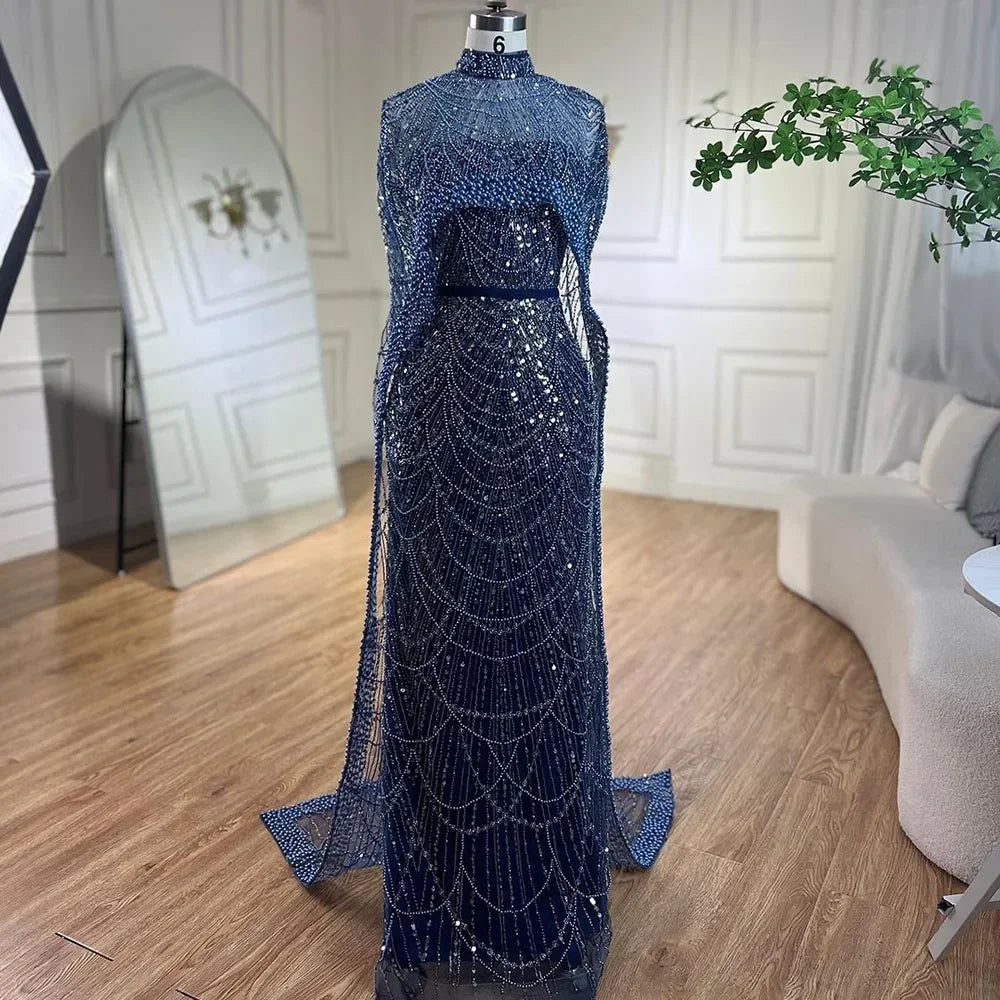 Designer Nude Mermaid Long Cape Luxury Evening Dress LA72032