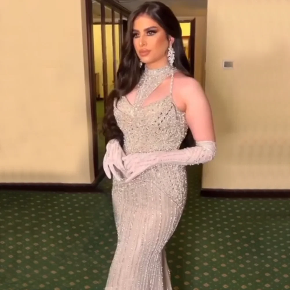 Caramel Mermaid Halter Sleeveless With Gloves Beaded Evening Gowns Elegant Party Dresses For Women LA72232