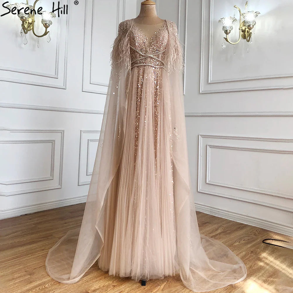 Serene Hill Luxury Dubai Grey Evening Formal Dresses with Feather Cape Shawl Gold Arabic Women Wedding Party Gowns Long LA70640