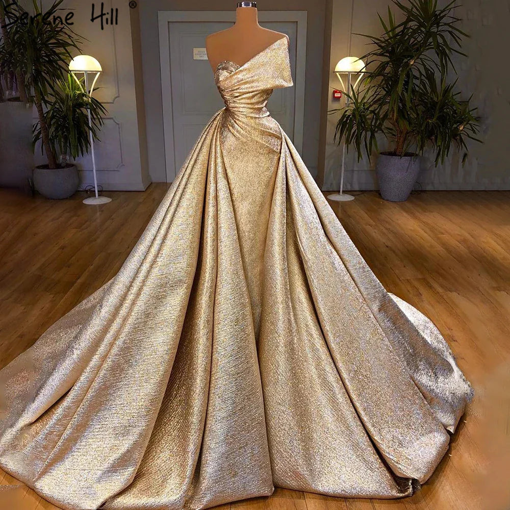 Luxury Dubai Customize Champagne Mermaid Evening Dress with Off Shoulder and Tie Design for Formal Occasion LA70626A