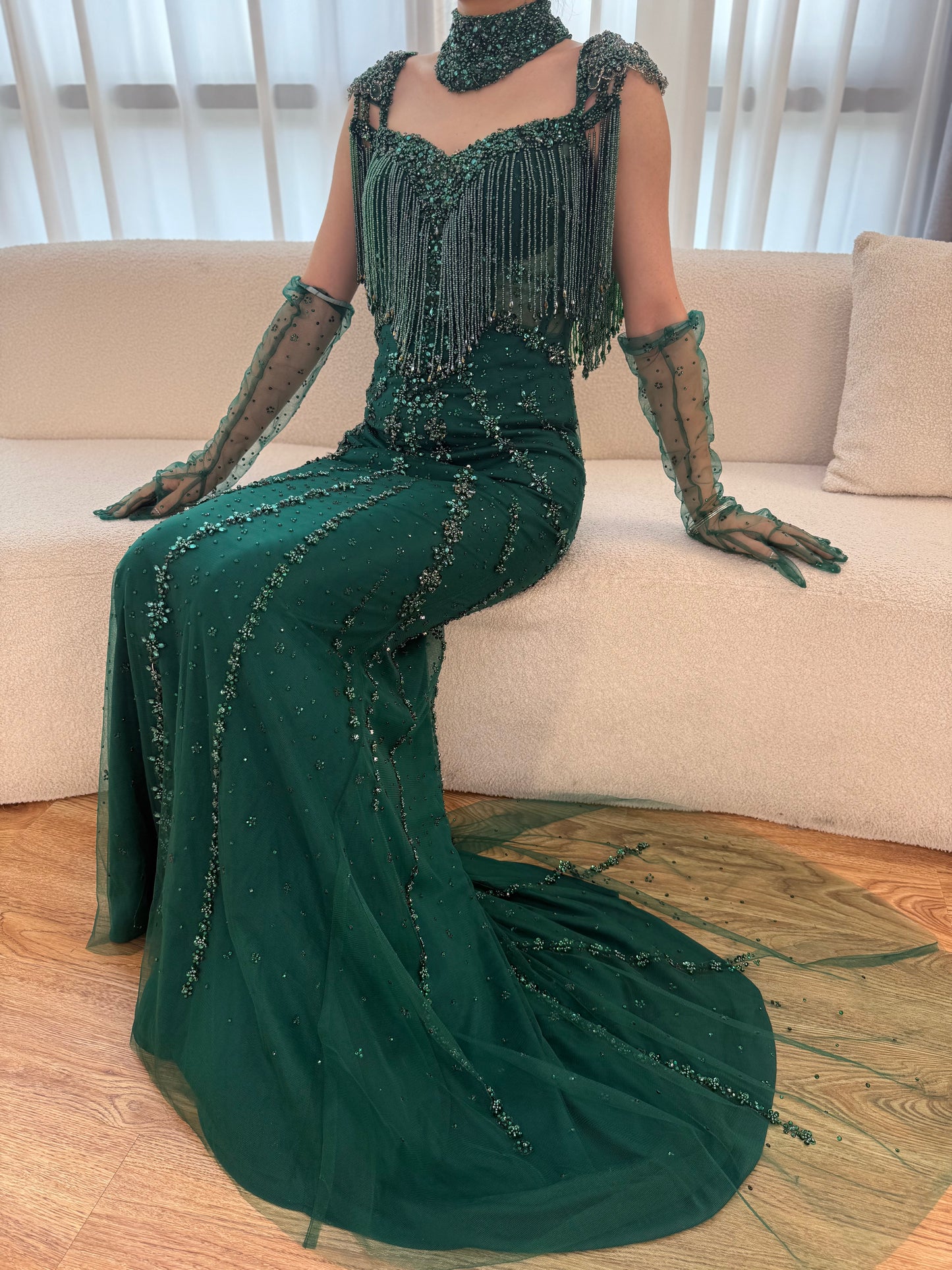 Serene Hill Luxury Arabic Nude Kendall Jenner Mermaid Evening Dresses Beaded Tassel LA71540