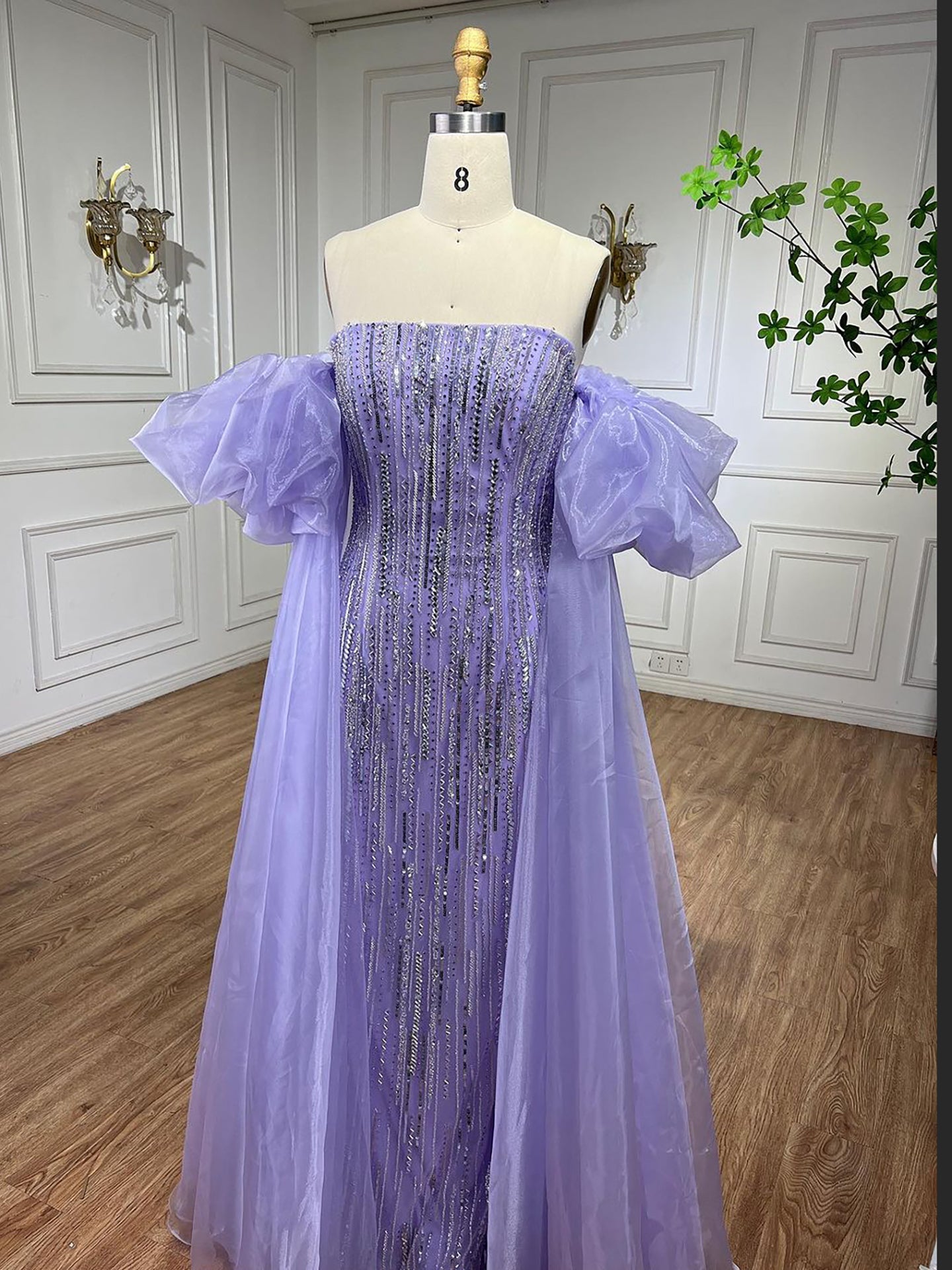 Luxury Dubai Arabic Blue Mermaid Balloon Sleeves Beaded Evening Dresses LA71823