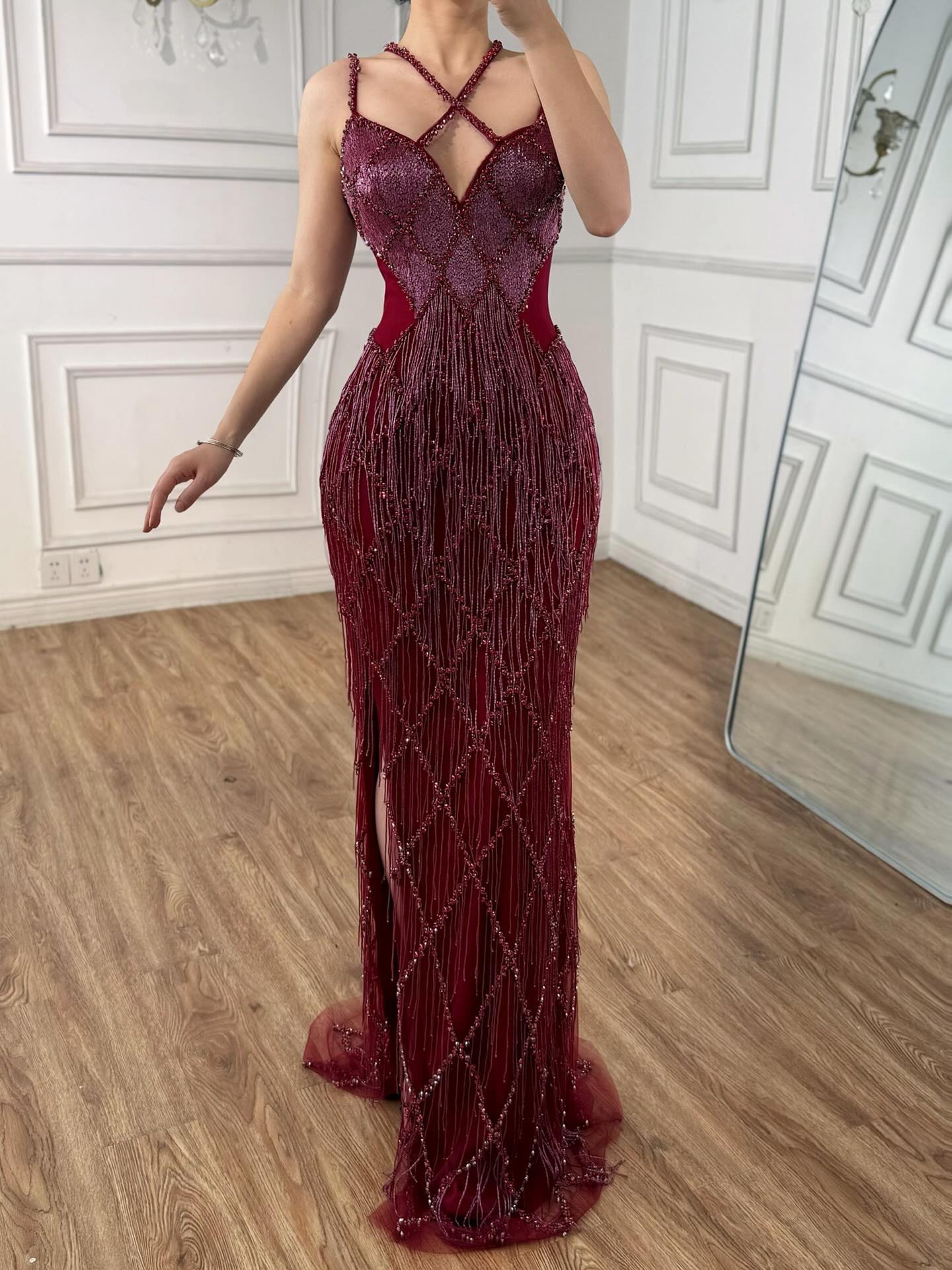 Luxury Gold Luxury Beaded Tassel Spaghetti Strap Mermaid Dress LA72280