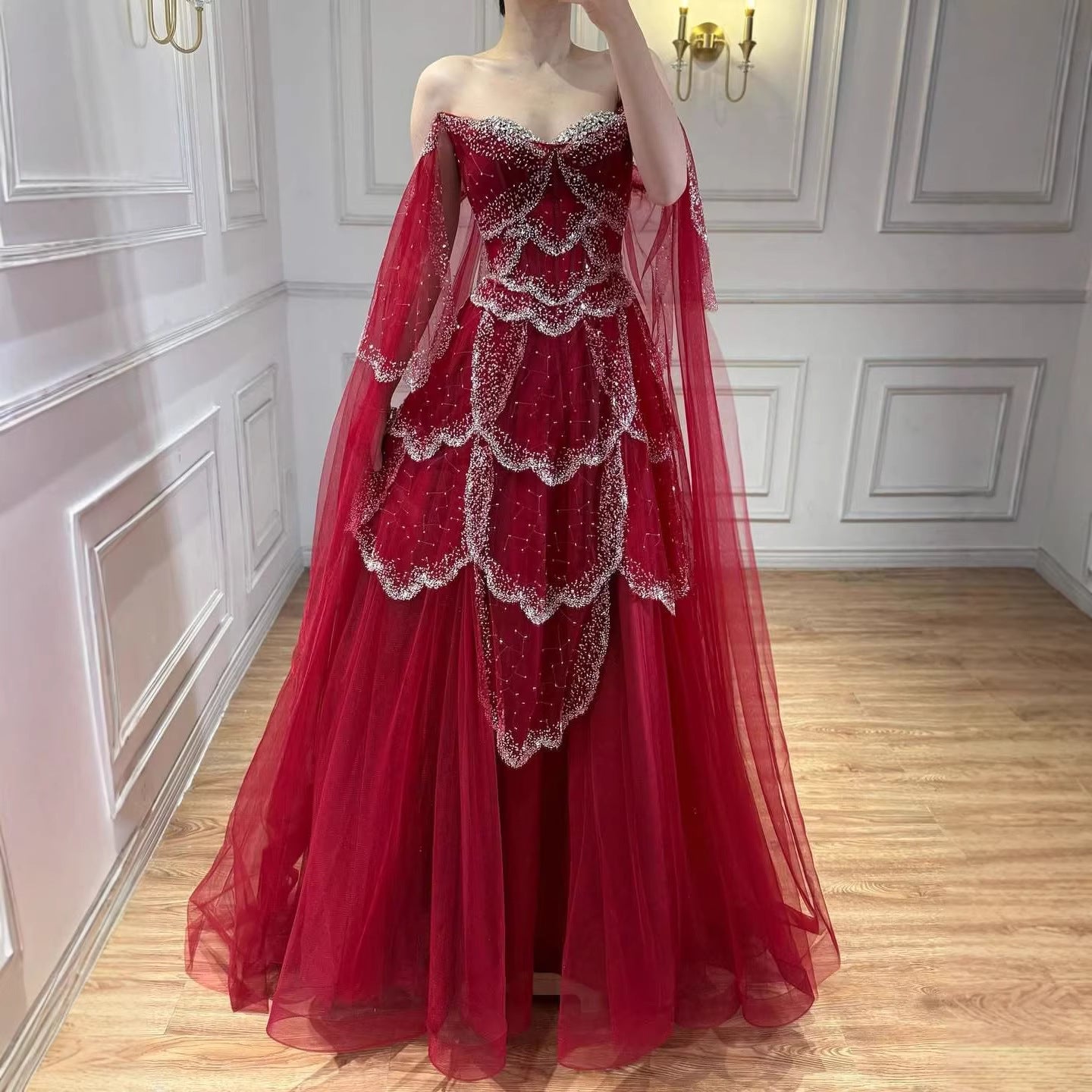 Luxuriöses arabisches Abendkleid in A-Linie mit Perlenbesatz und Cape, Salbeigrün, LA72605A