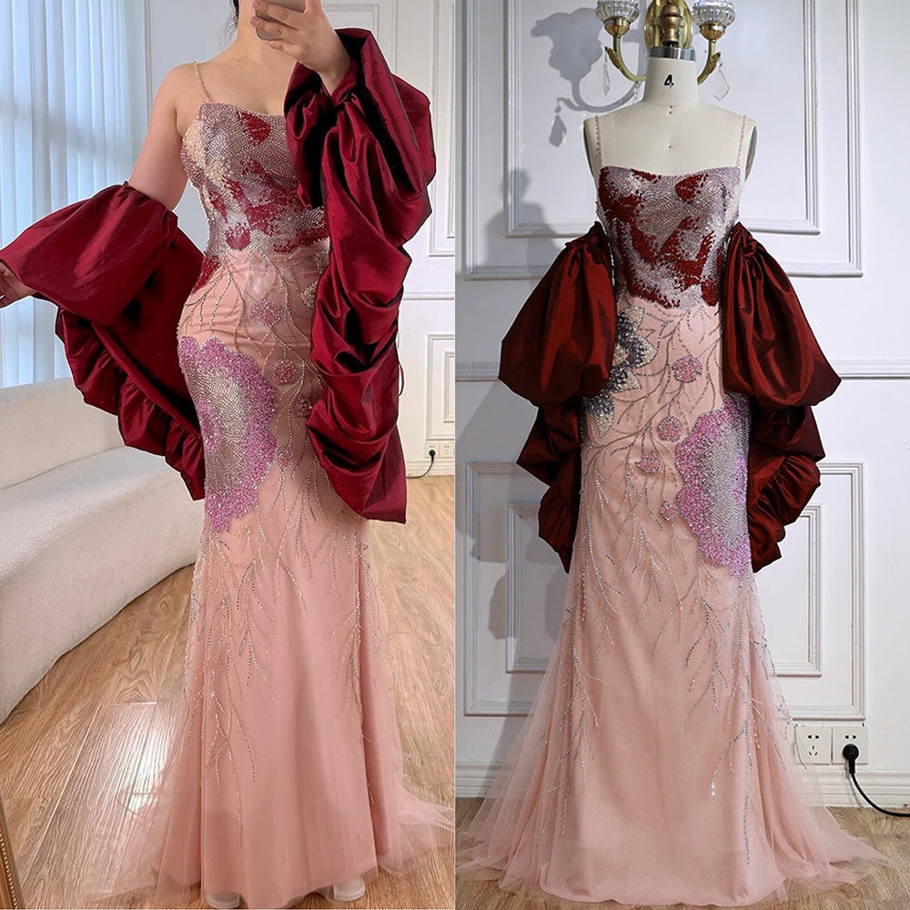 Luxury Designer Dreamy Pink Evening Dress With Cape Sleeves LA72850