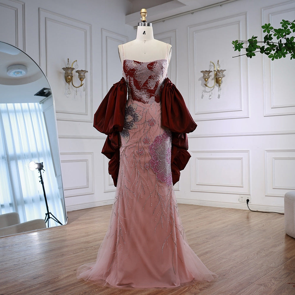 Luxury Designer Dreamy Pink Evening Dress With Cape Sleeves LA72850