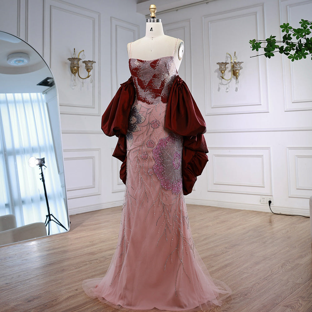 Luxury Designer Dreamy Pink Evening Dress With Cape Sleeves LA72850
