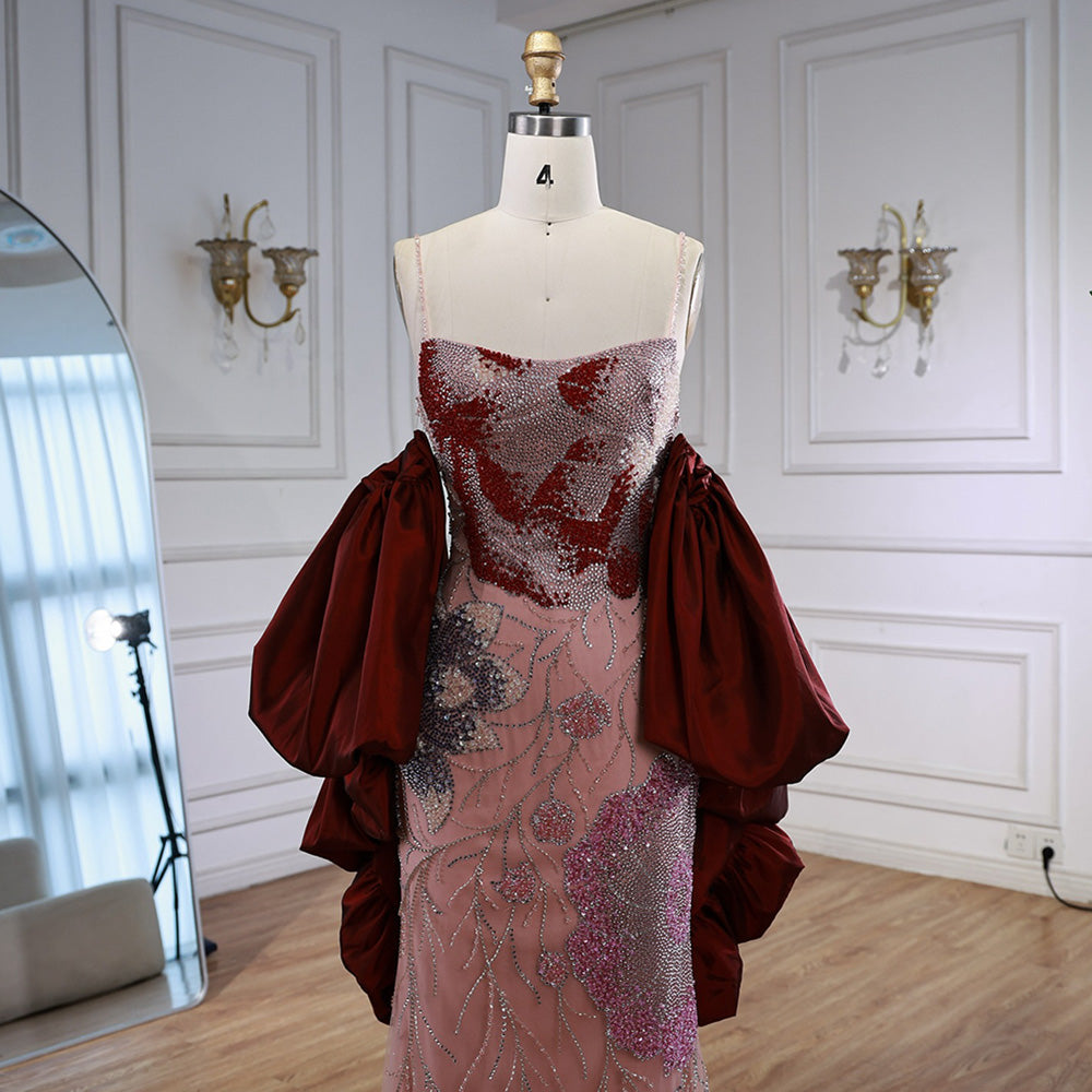 Luxury Designer Dreamy Pink Evening Dress With Cape Sleeves LA72850