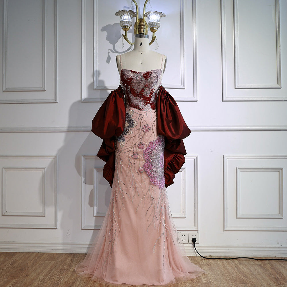 Luxury Designer Dreamy Pink Evening Dress With Cape Sleeves LA72850