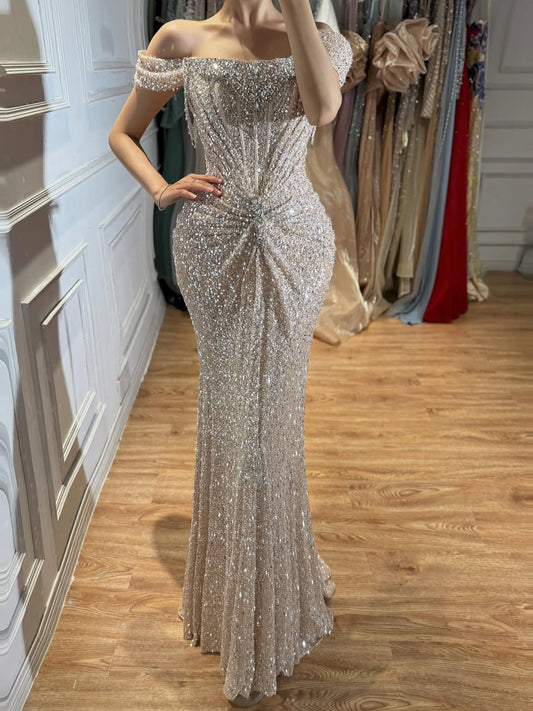Luxury Cream Crystal Beaded Off The Shoulder Mermaid Dress LA72905D