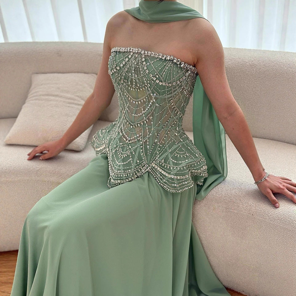 Luxury Designer Nude Beaded Chiffon Evening Dress LA72915