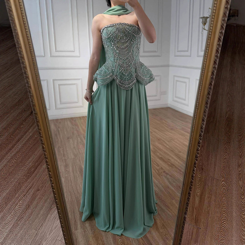 Luxury Designer Nude Beaded Chiffon Evening Dress LA72915