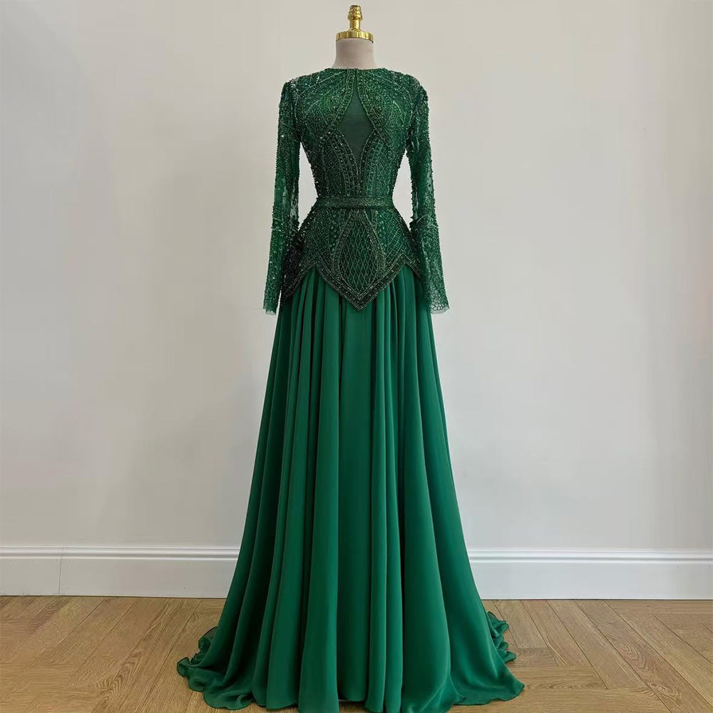Luxury Designer Blue Beaded Evening Dress with Long Sleeves LA72962