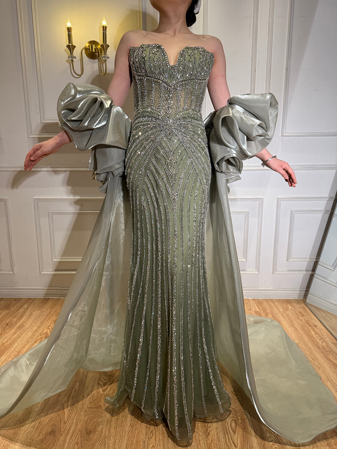 Luxury Light Blue Diamond Evening Dress With Ruffle Cape LA73141