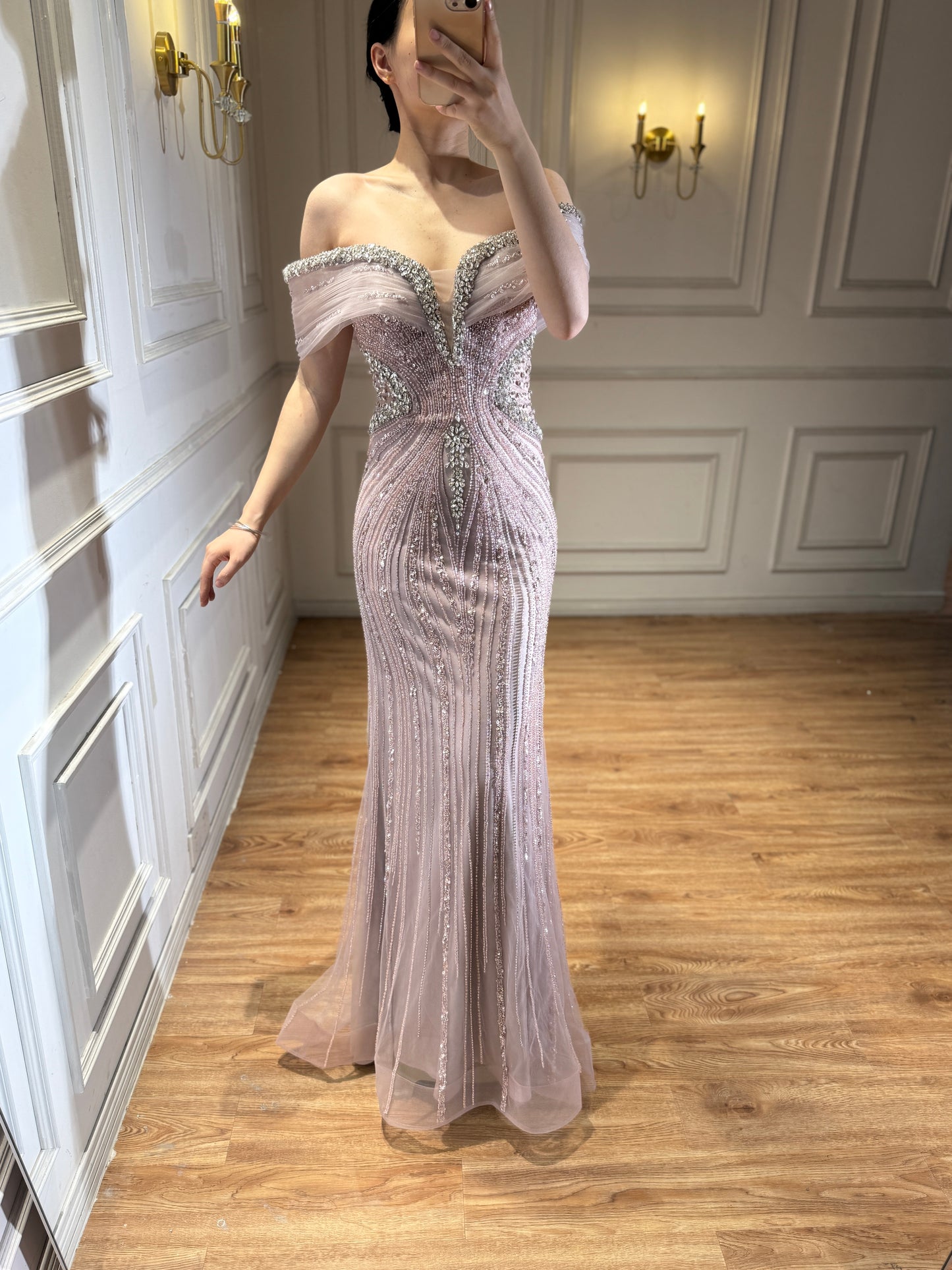 Luxuriöses saudi-arabisches Gold- und Kristallperlen-Meerjungfrauen-Abendkleid LA73142A