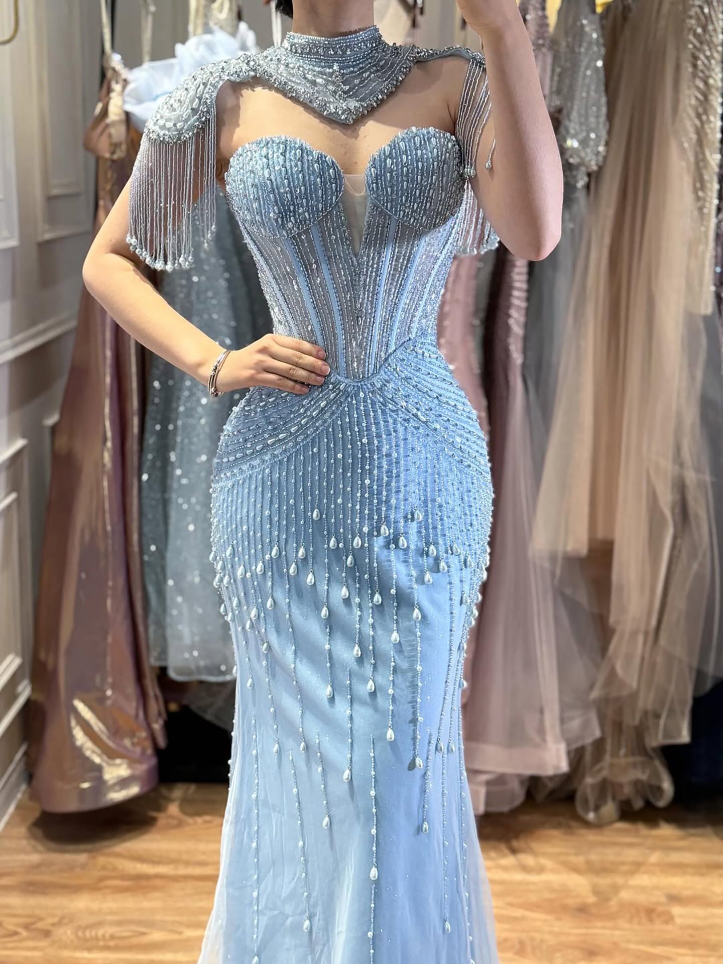 Luxury Nude Pearl Beaded Tassel Mermaid Evening Dress LA73183