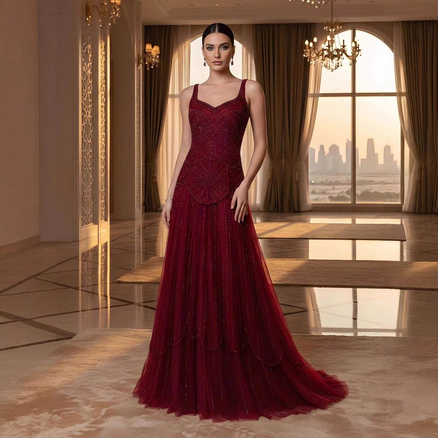 Luxury Arabic Nude Spaghetti Strap Beaded A-Line Evening Dress LA73189C