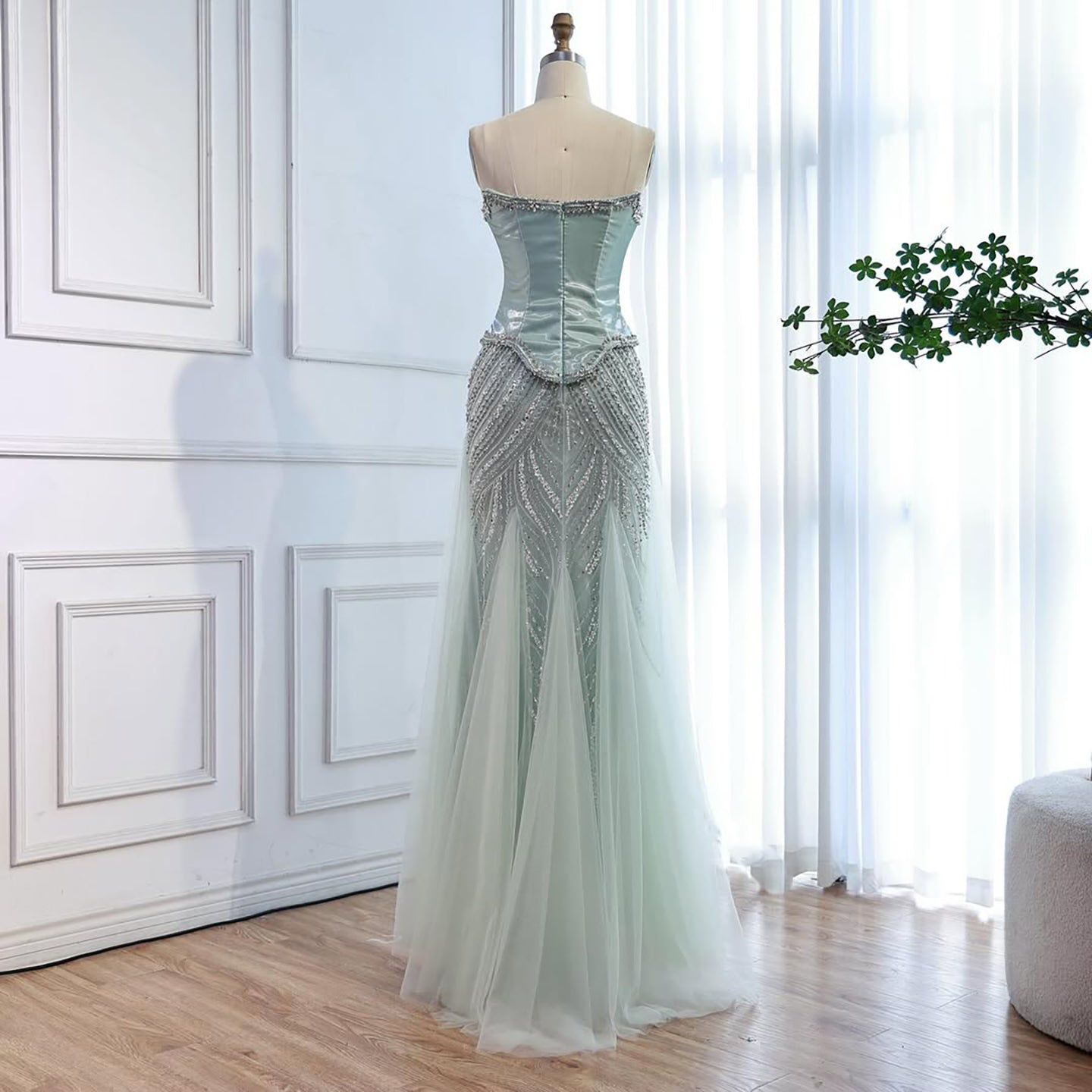 Luxury Sage Green Beaded Mermaid Evening Dress with Balloon Sleeves LA73201