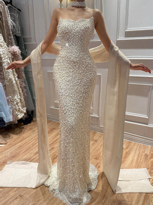 Luxury Beige Pearl Beaded Spaghetti Strap Mermaid Dress LA73225A