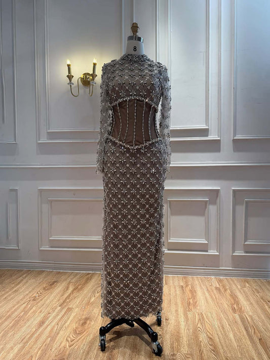 Luxury Caramel Crystal Beaded Corset Mermaid Evening Dress LA73335A