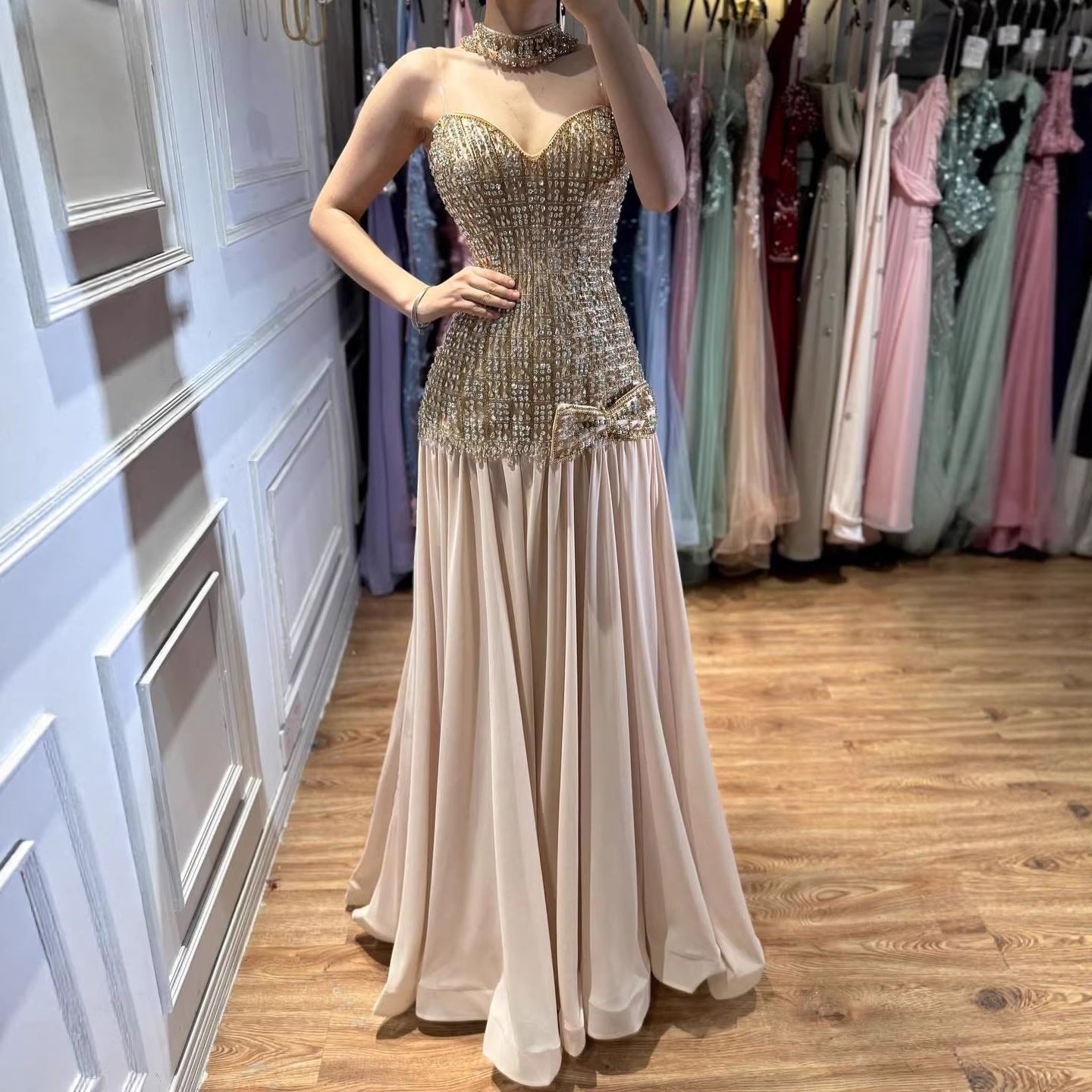 Luxury Champagne A-Line Crystal Beaded Evening Dress LA73361