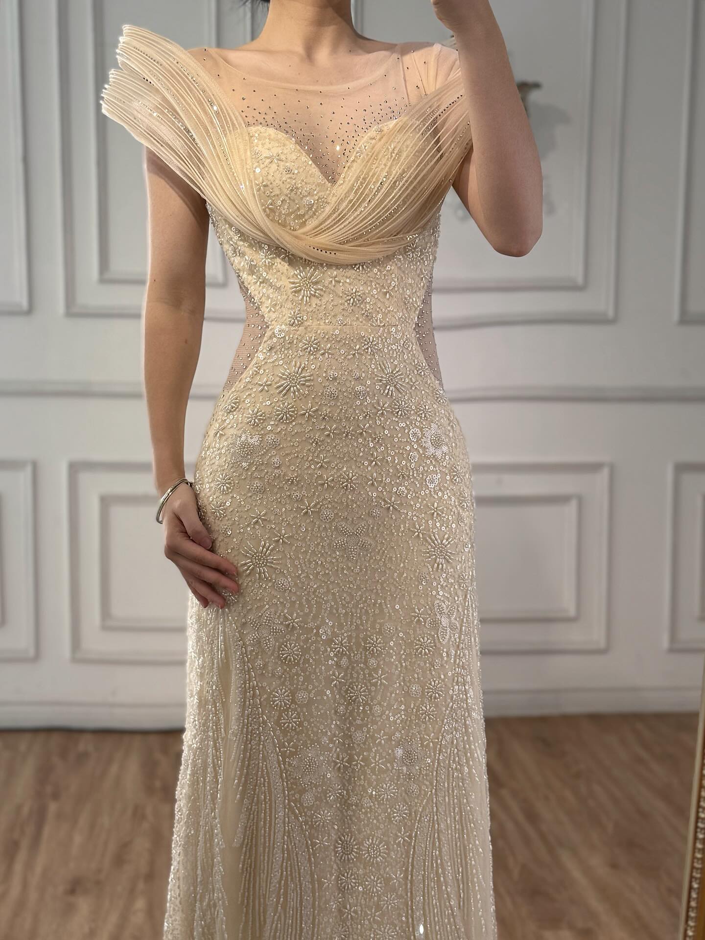 Luxury Nude Beaded Elegant Mermaid Evening Dress LA73386