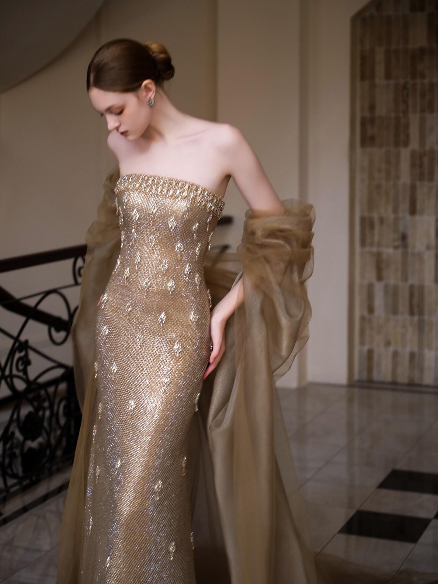 Luxury Gold Crystal Mermaid Evening Dress With Cape LA73387