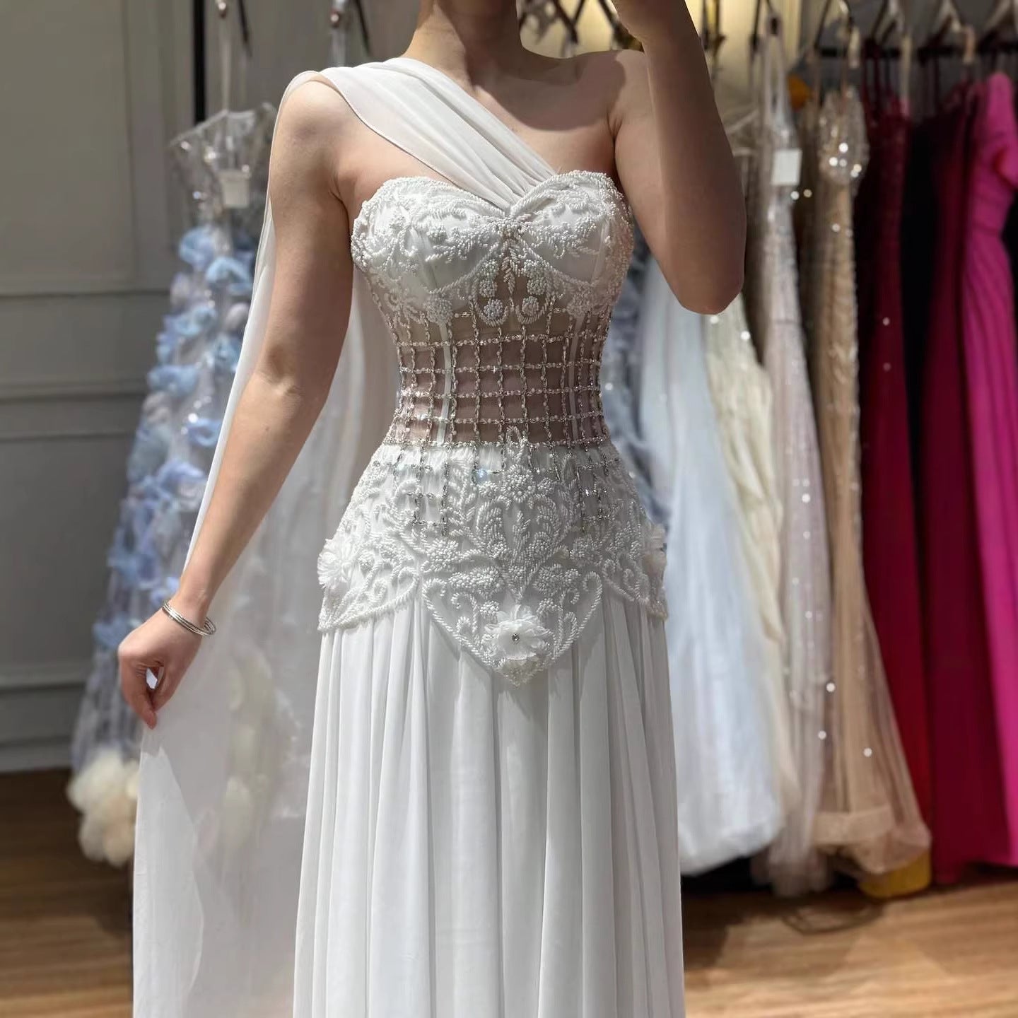 Luxury Pink Arabic Floral Evening Dress With Cape LA73451