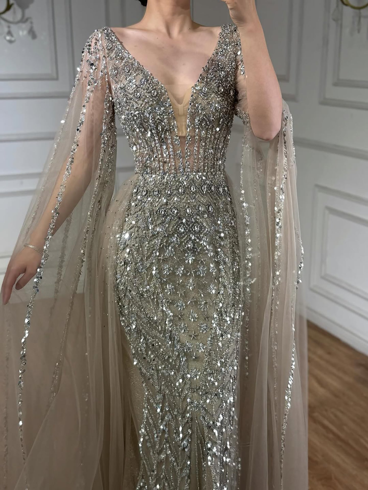 Luxury Modest Caramel Beaded Long Evening Dress With Cape Sleeves LA73452A