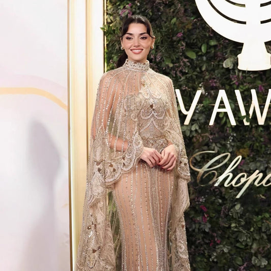 Luxury Nude Crystal Beaded High Neck Evening Dress with Long Cape LA73534